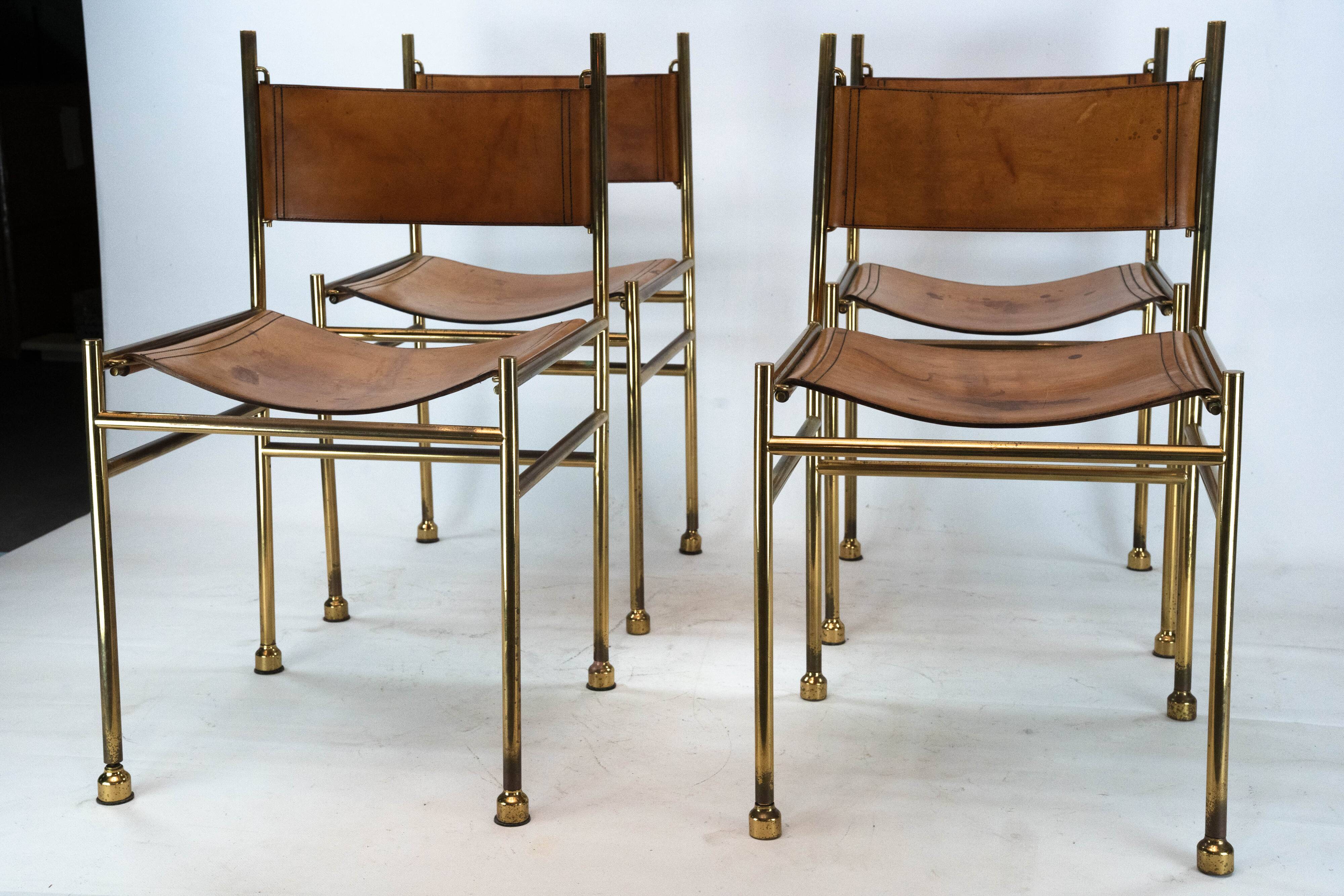 Set of 4 Brass and Leather Chairs by Luciano Frigerio, Italy, 1970s