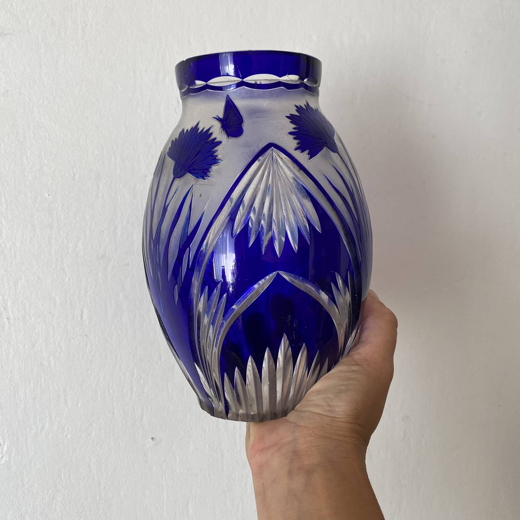 Cobalt blue double crystal vase signed G. Raspiller