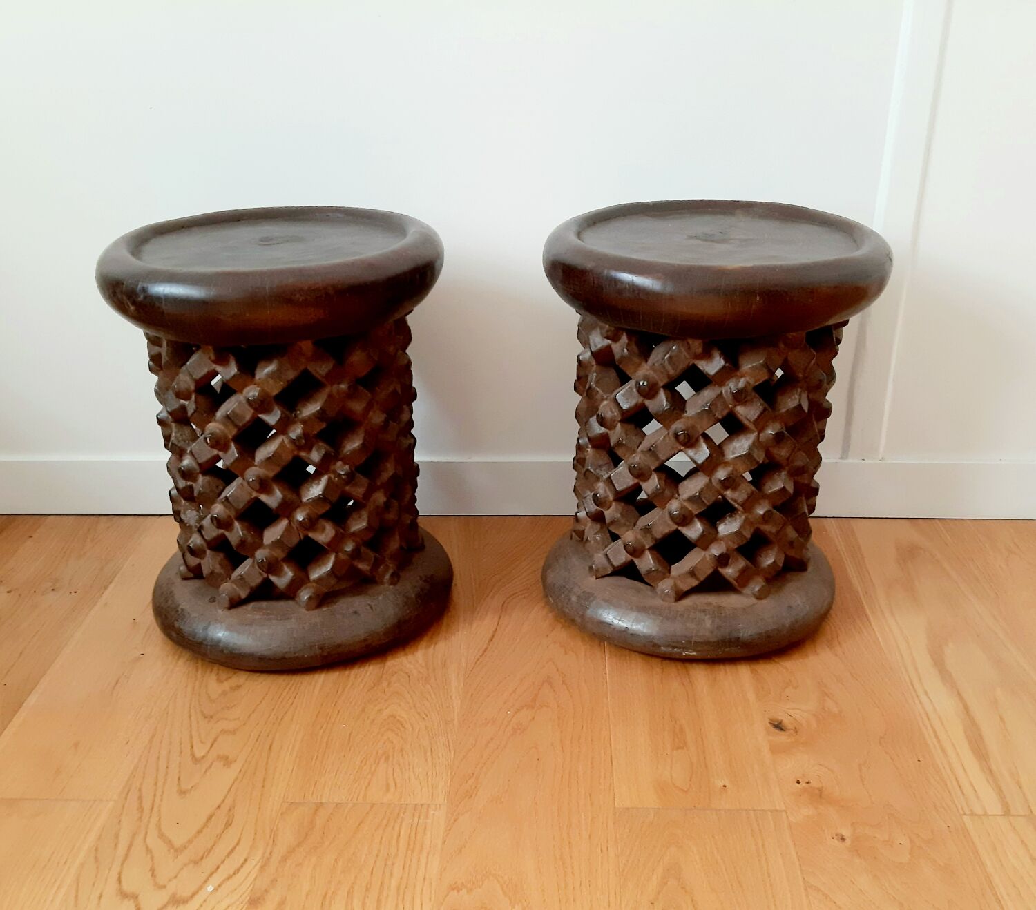 Set of 2 African Bamilike Cameroon stools, year 1950