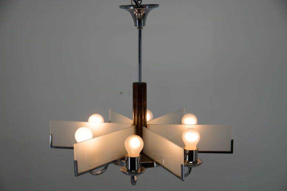 Six-Arm Art Deco Chandelier in Chrome and Sandblasted Glass, 1940s