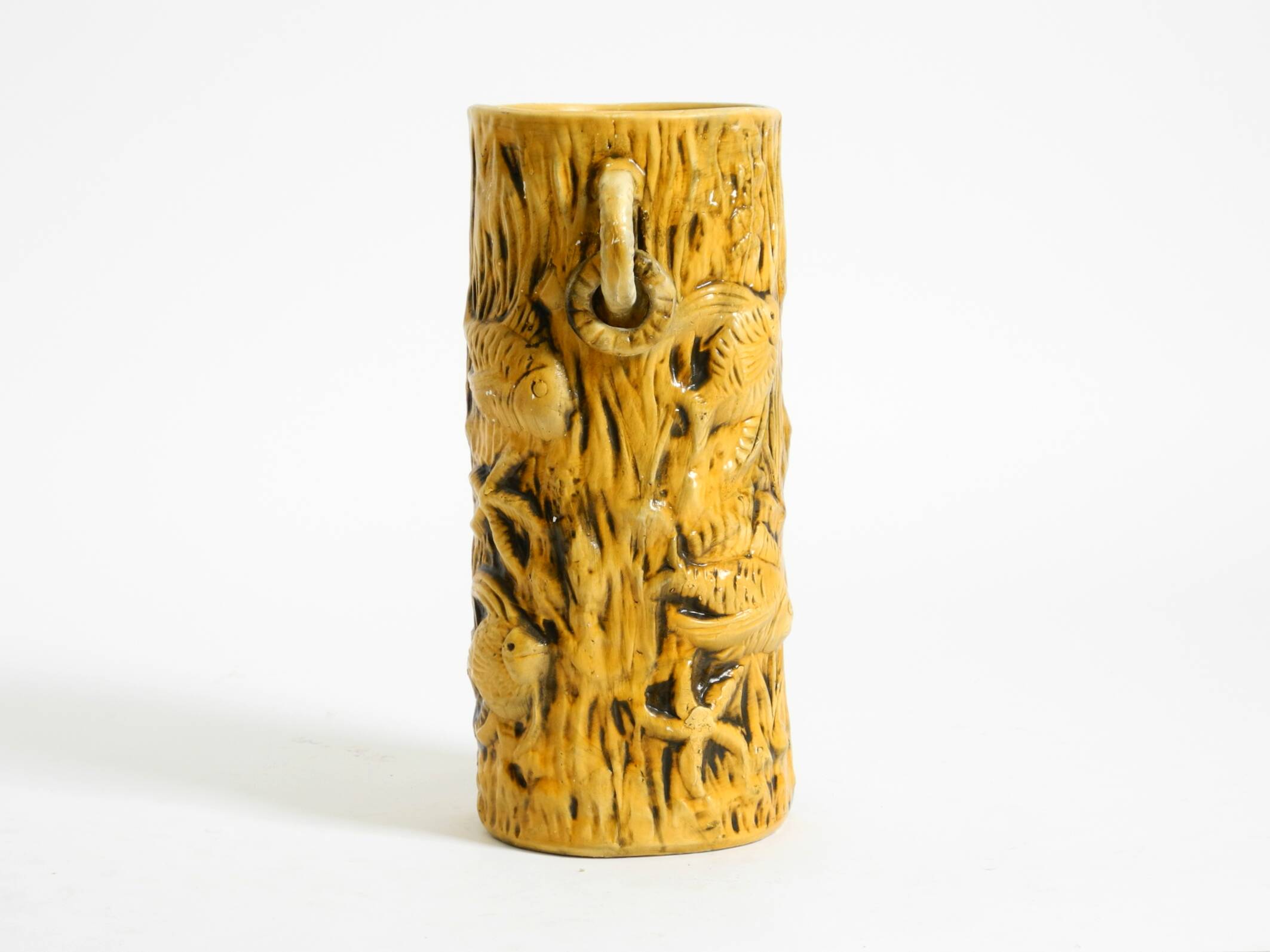 Large handmade glazed ceramic floor vase, handled vase with maritime motifs