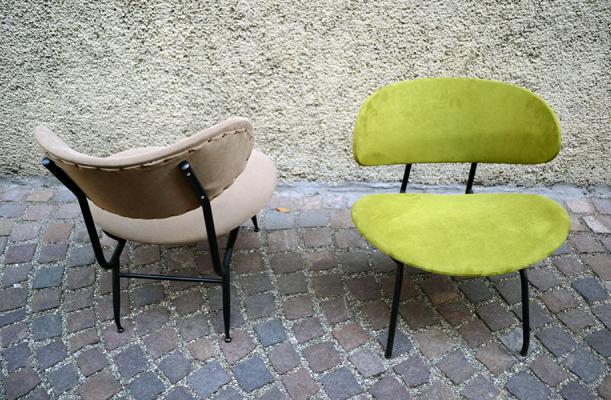 Set of two chairs in painted metal and fabric, Italy, 1950