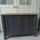 Small low Parisian sideboard re-enchanted in slate gray, medium oak waxed top.