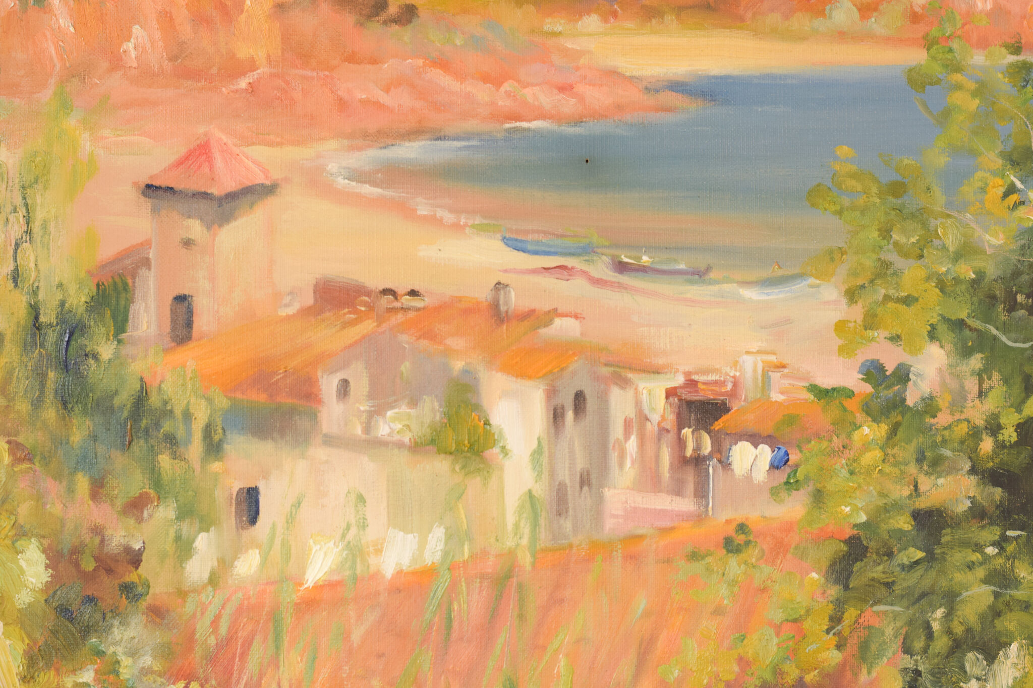 Impressionist seaside landscape with village