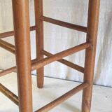 High stool in solid wood and straw - mid. 20th century