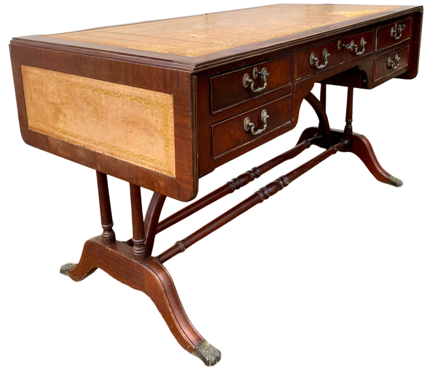 English mahogany double-sided desk with extension.