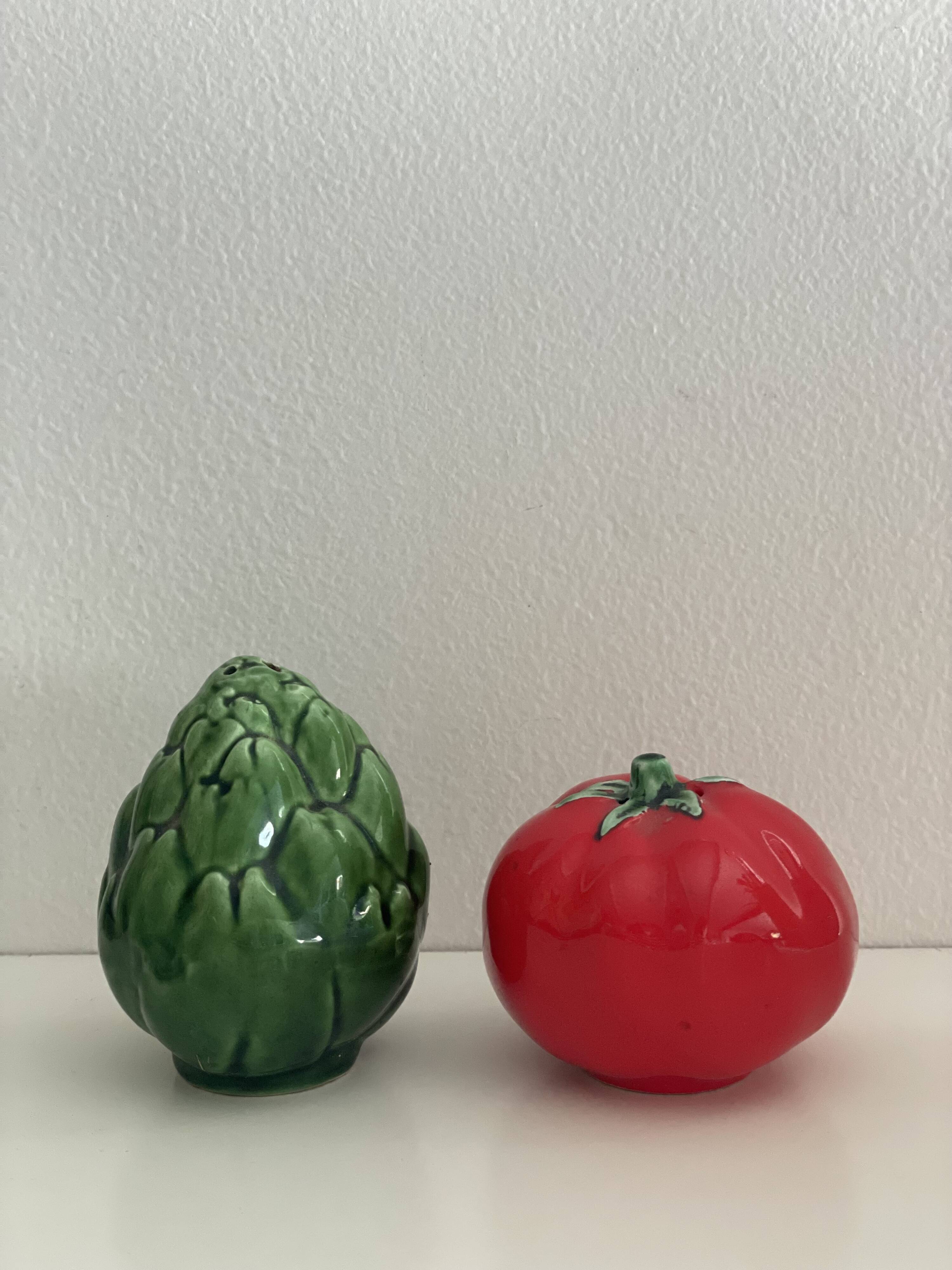 Ceramic artichoke tomato salt and pepper shakers in slip
