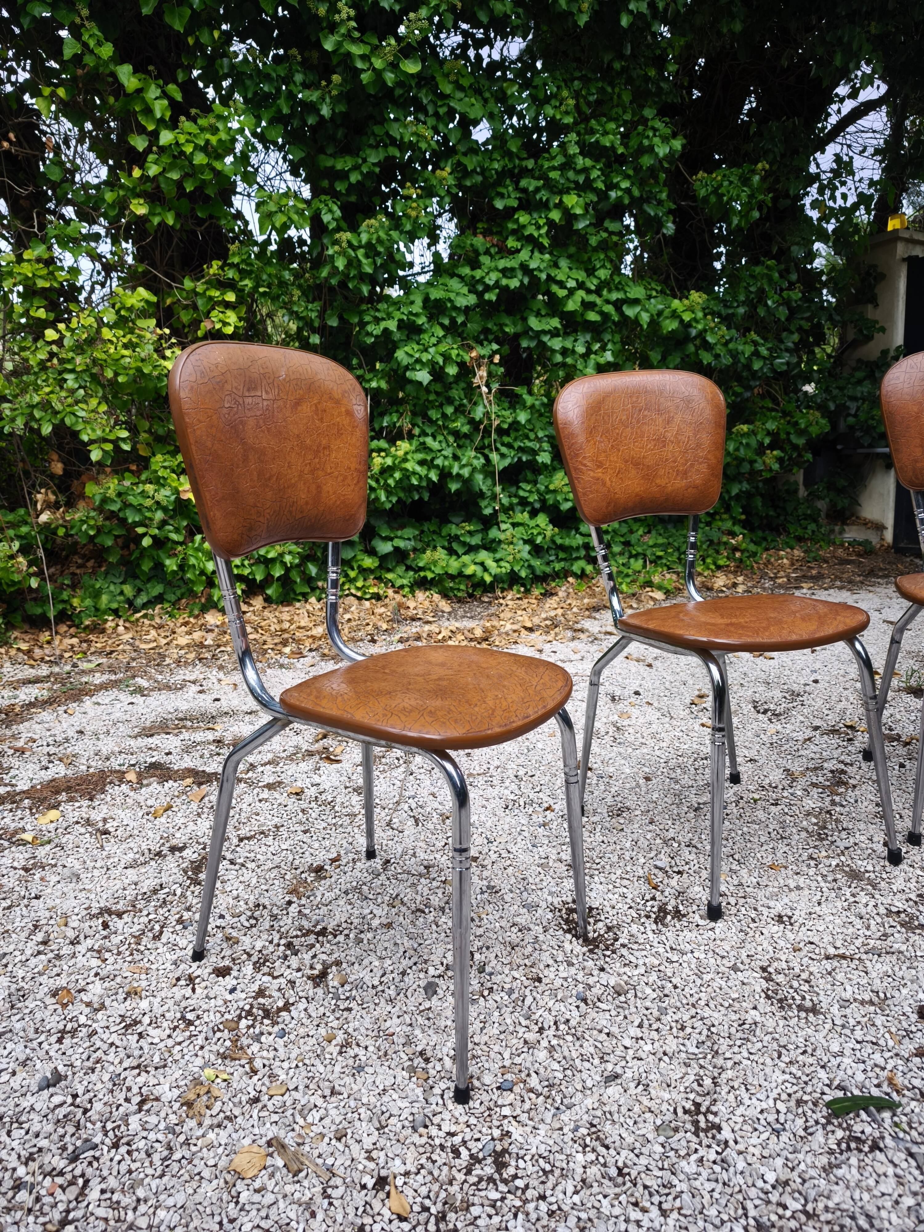 Set of 3 faux leather/steel chairs from the 50s/60s
