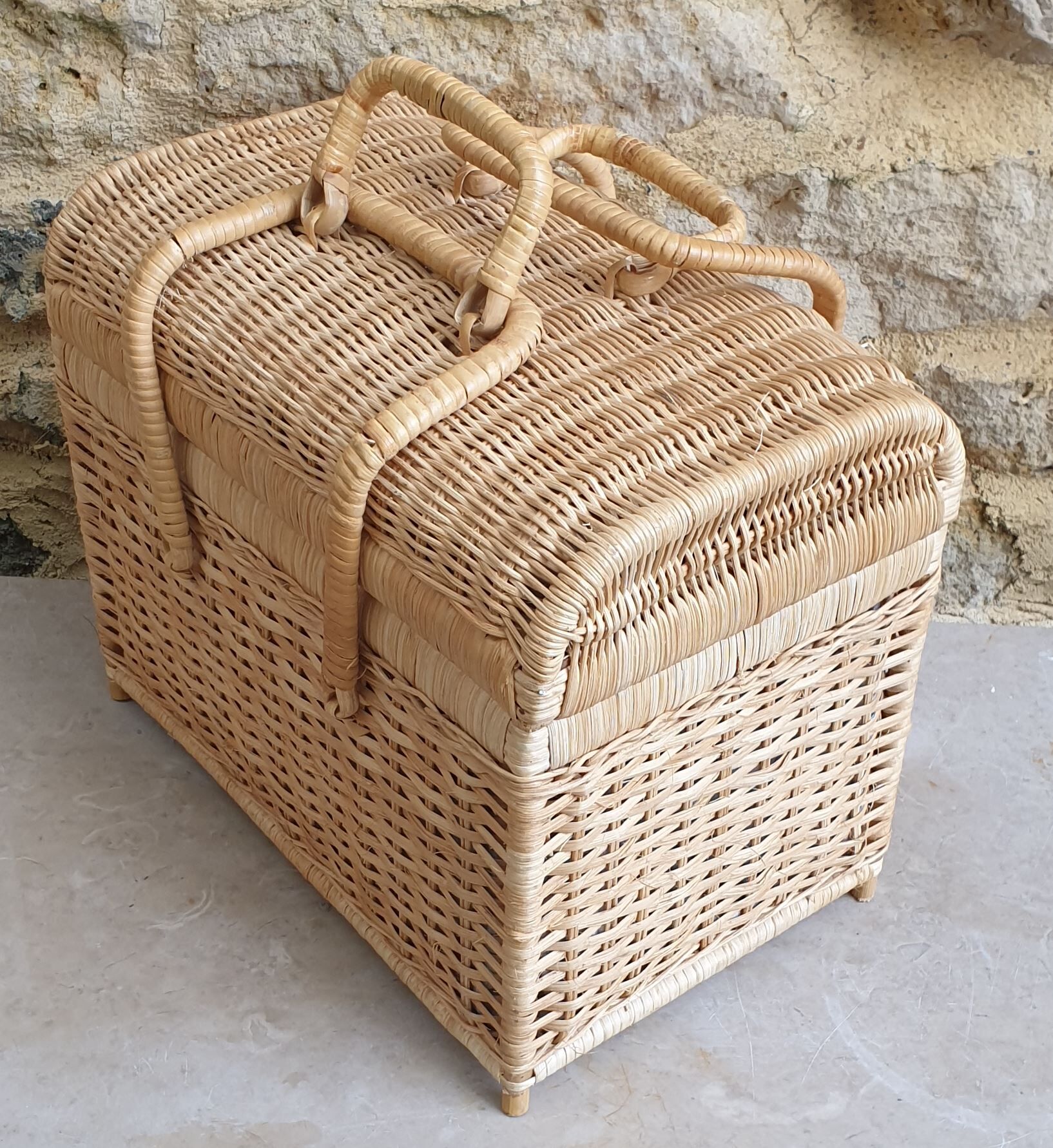 Vanity, vintage wicker suitcase