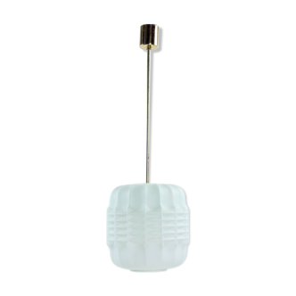 Midcentury Ceiling Pendant In White Glass And Brass, Czechoslovakia 1960s