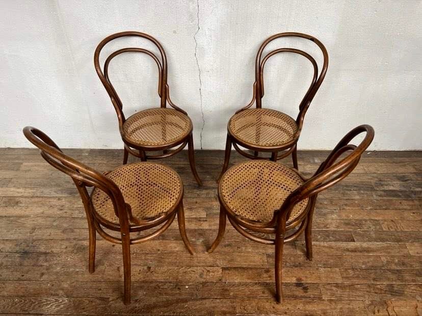 set of 4 bistro chairs in curved wood from the 1920s 1930s Canned seat