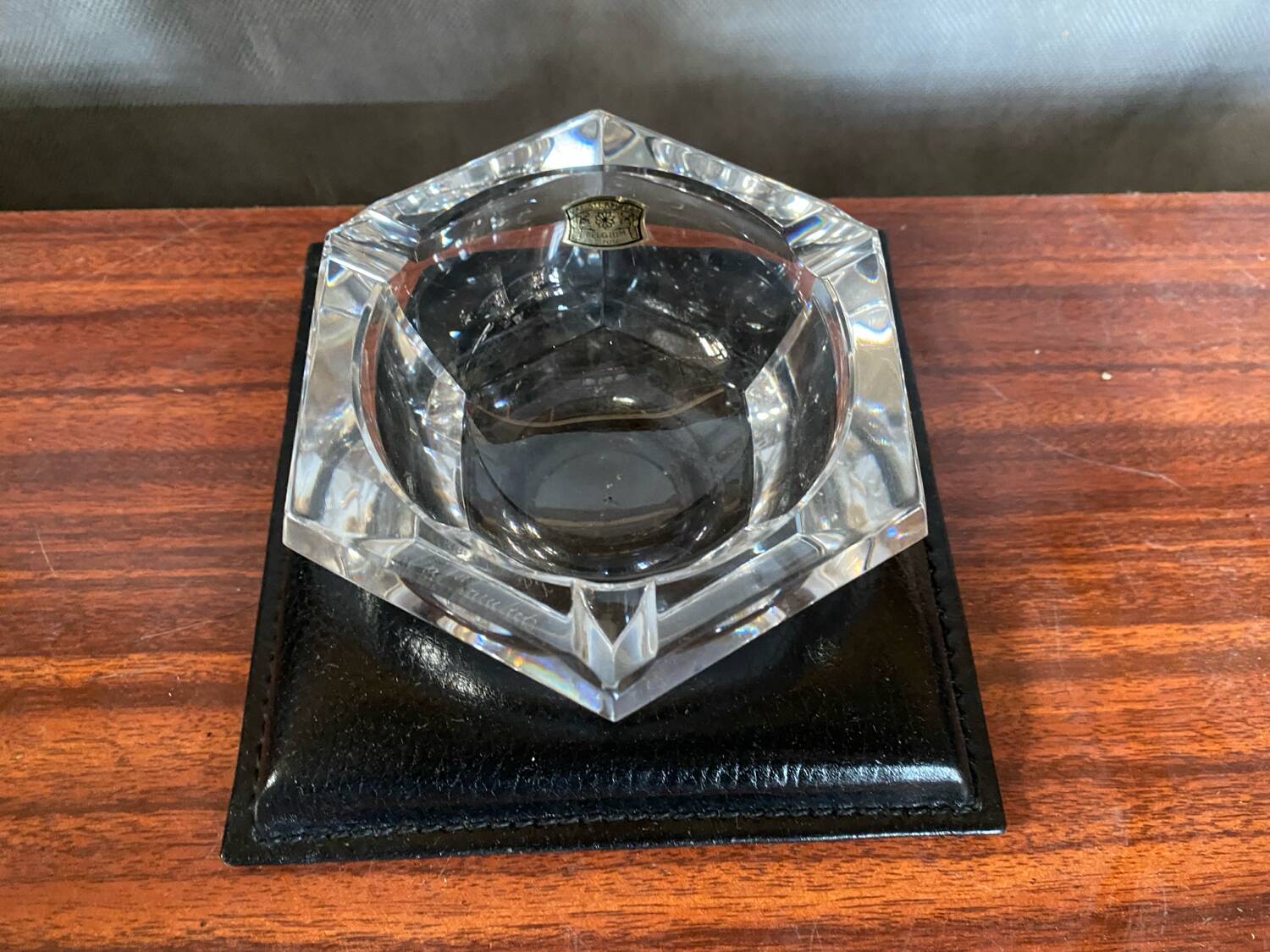 Old Val St Lambert Crystal Ashtray + Le Tanneur Leather Holder + Box