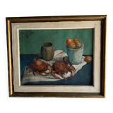Watercolor on paper by E. Legros 1956 still life with crabs