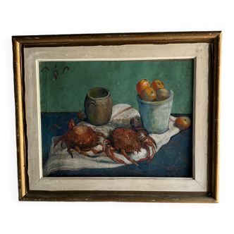 Watercolor on paper by E. Legros 1956 still life with crabs