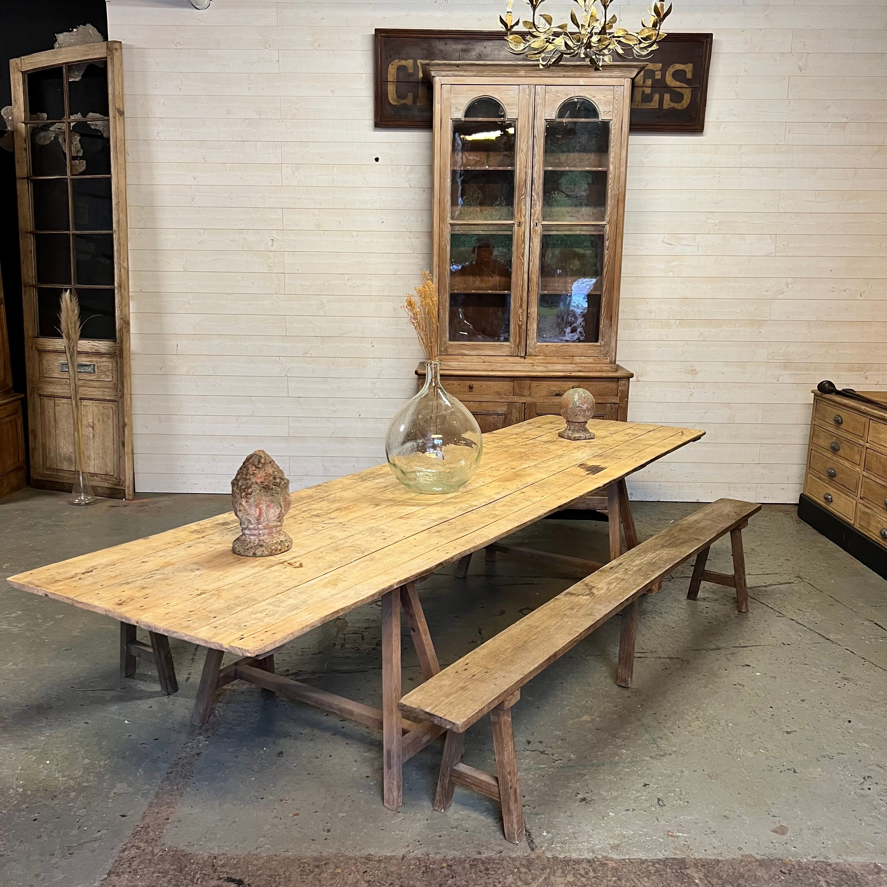 Pine guinguette table with trestles and oak bench