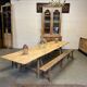 Pine guinguette table with trestles and oak bench
