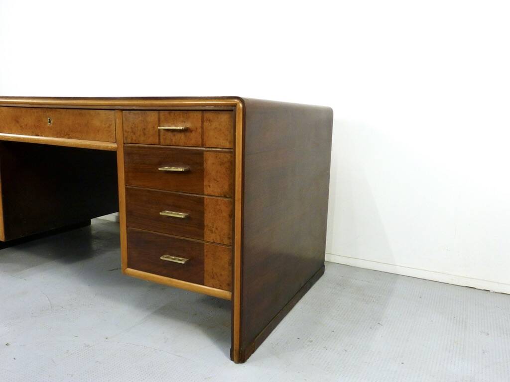 Italian Art Deco Desk In Dark Walnut And Brass.