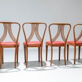 Set of 4 dining chairs in blond wood and faux leather red Italy 1950s