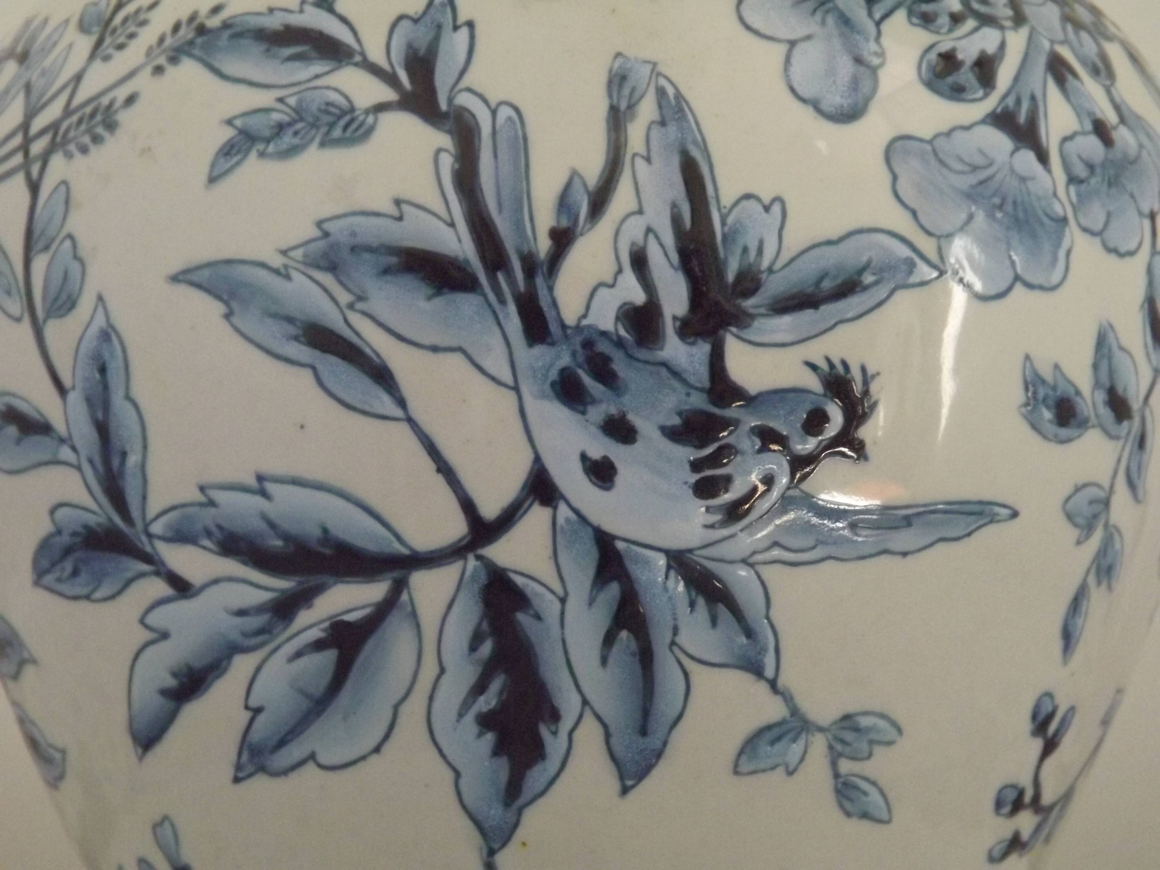 Blue & White Chinoiserie Ginger Jar Table Lamp Raised Bird & Floral Moti