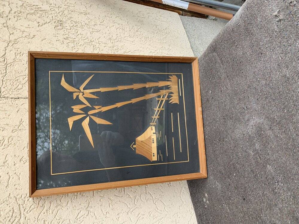 Vintage Hungarian wooden and glass table, artisanal marquetry, brown frame (1950s)
