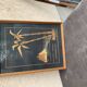 Vintage Hungarian wooden and glass table, artisanal marquetry, brown frame (1950s)