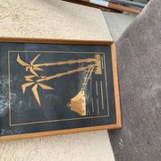 Vintage Hungarian wooden and glass table, artisanal marquetry, brown frame (1950s)
