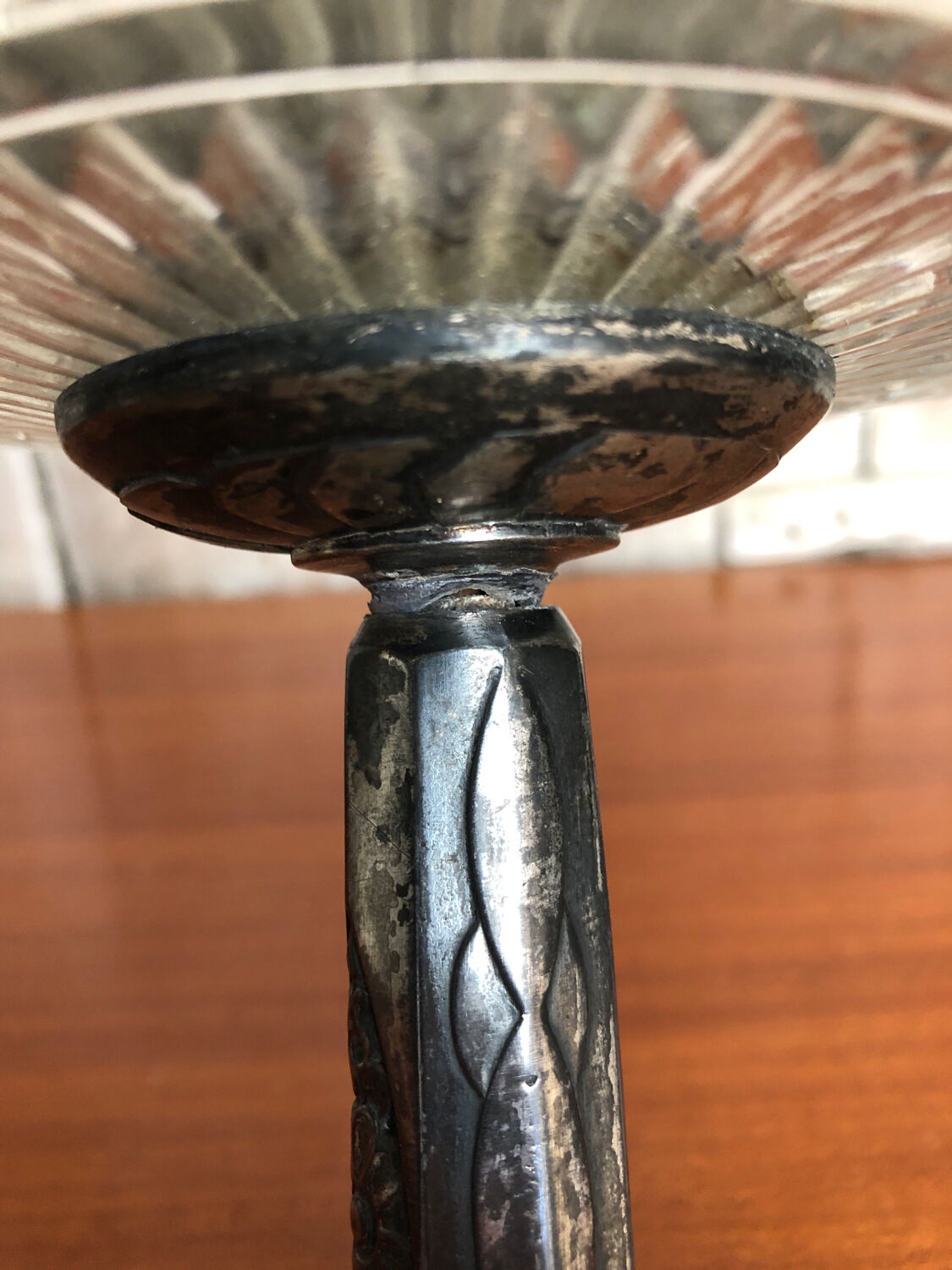 Old centerpiece cut art deco glass + foot silver metal vintage #a285