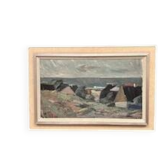 Grande huile sur toile suédoise originale – « Village » par Carl Berndtsson – Signée – Vintage et encadrée