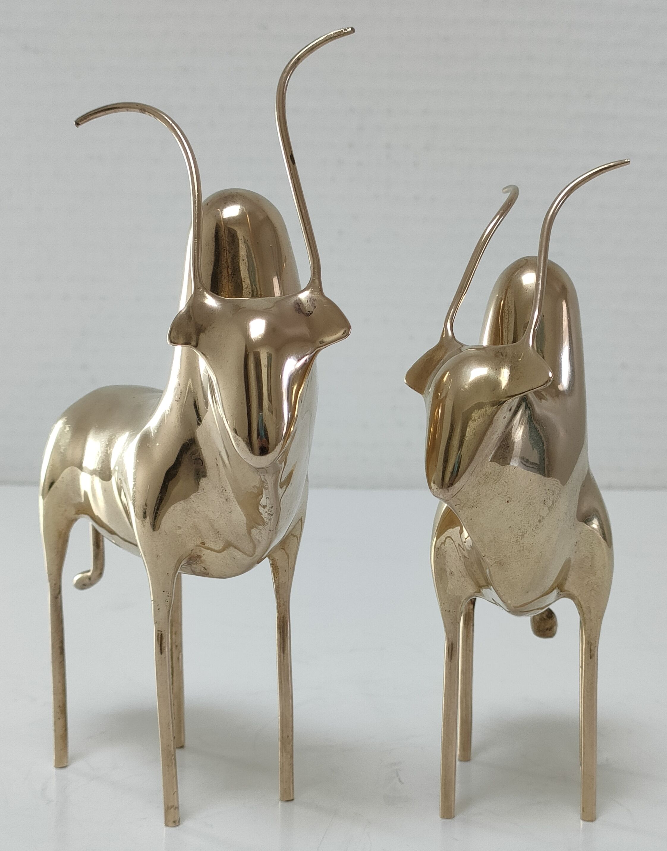 Two stylized zebu with long vintage brass horns