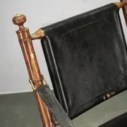 1970s French Folding Safari Chair in Teak, Black Leather and Brass