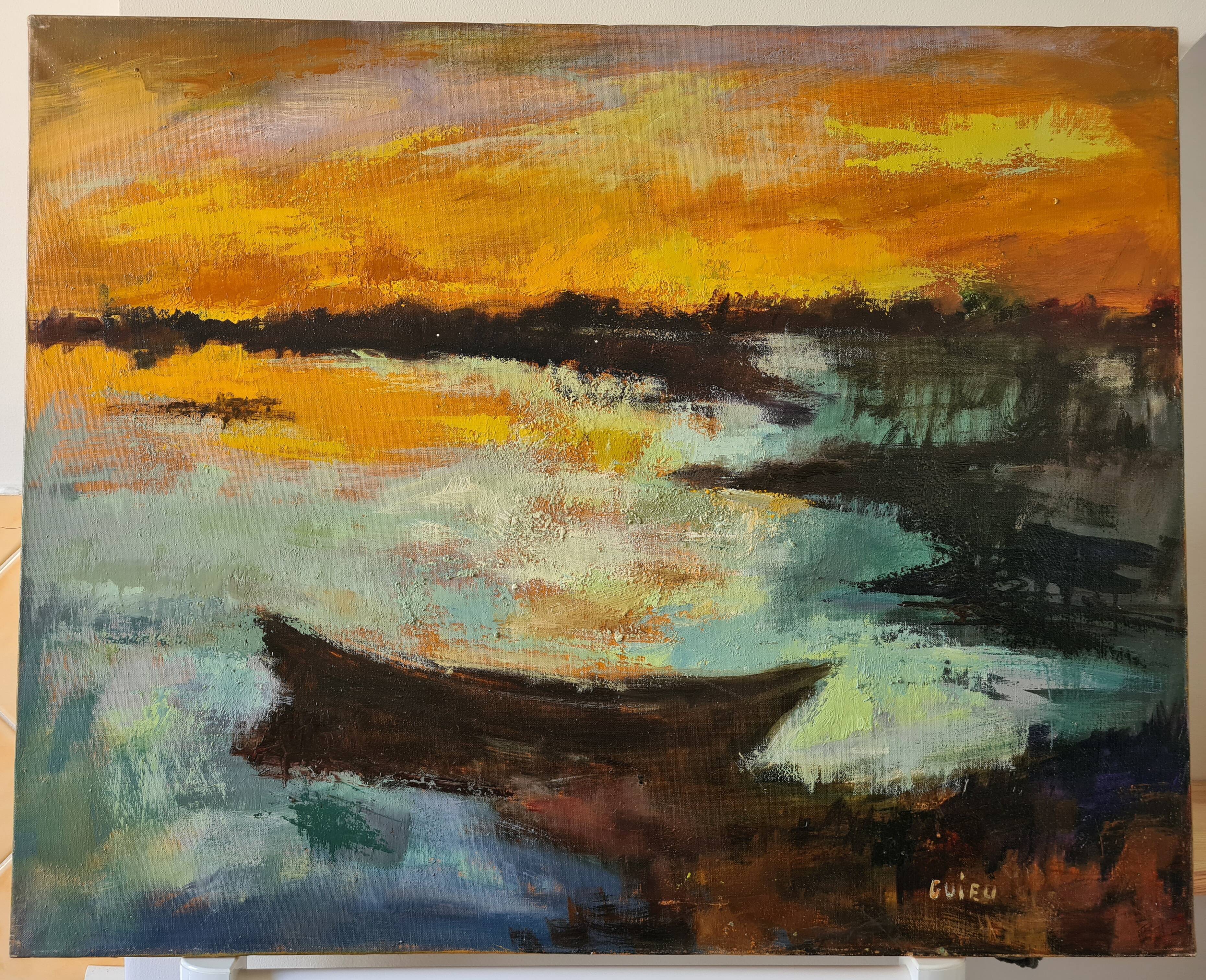 Boat at sunset, oil by Nicole Guieu