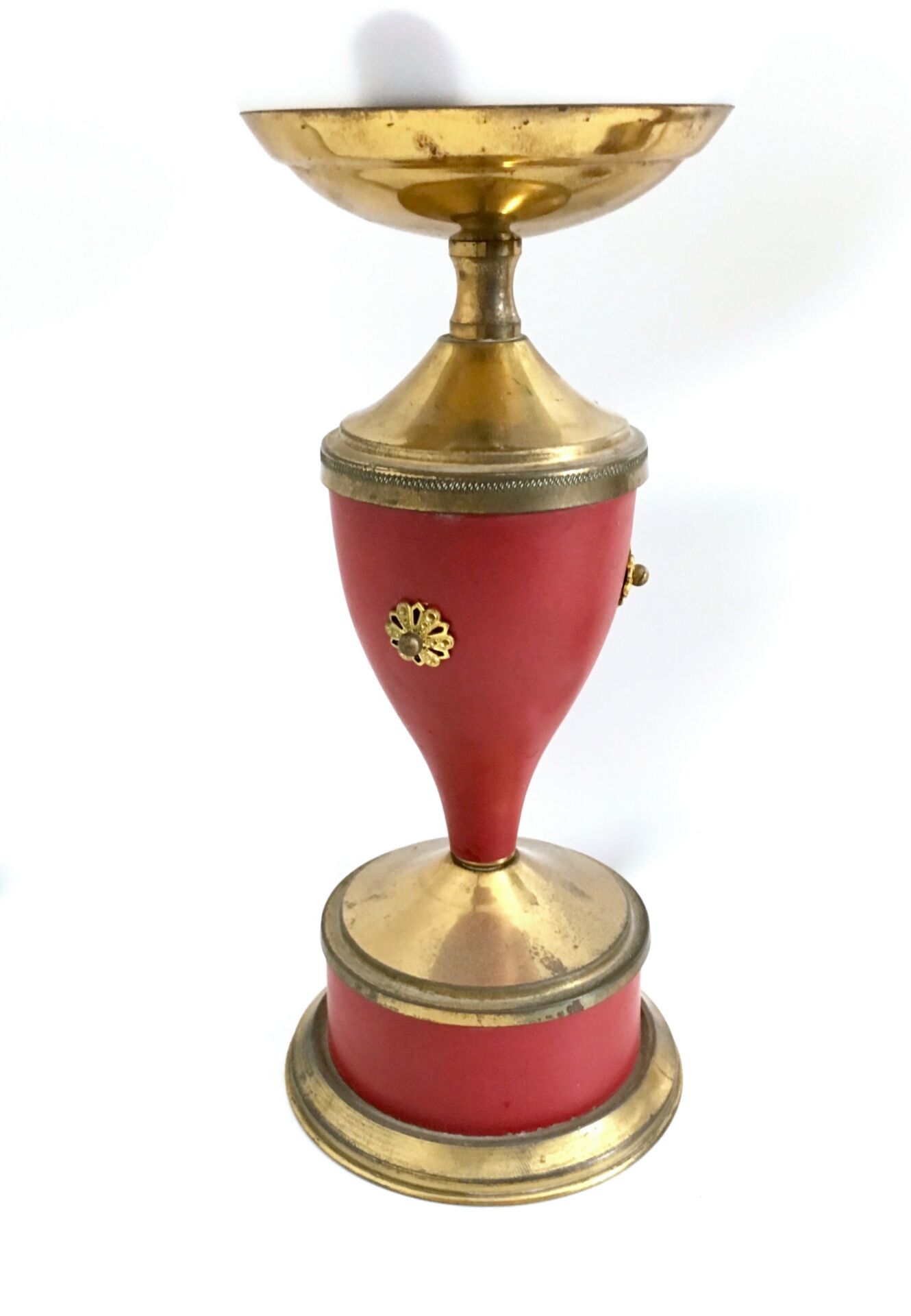 Vintage Pair of Red Varnished Metal, Brass and Glass Table Lamps, Italy