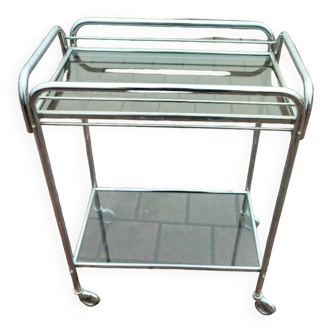 Trolley on wheels in chrome metal and vintage smoked glass