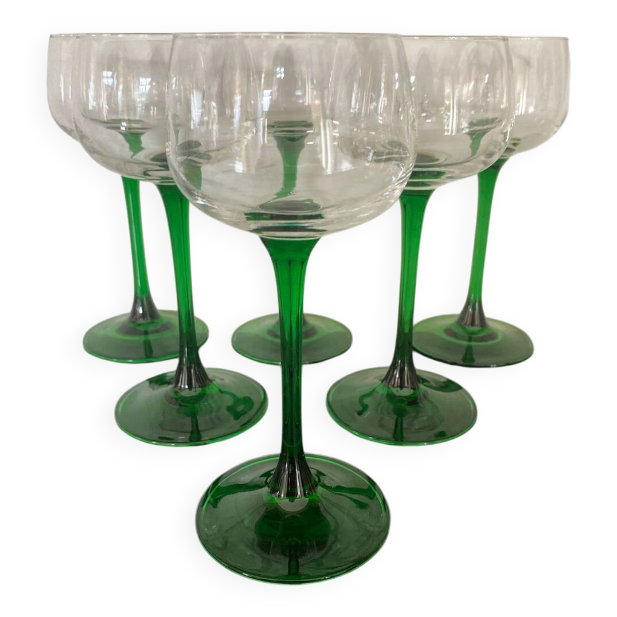 6 vintage green liqueur glasses from France
