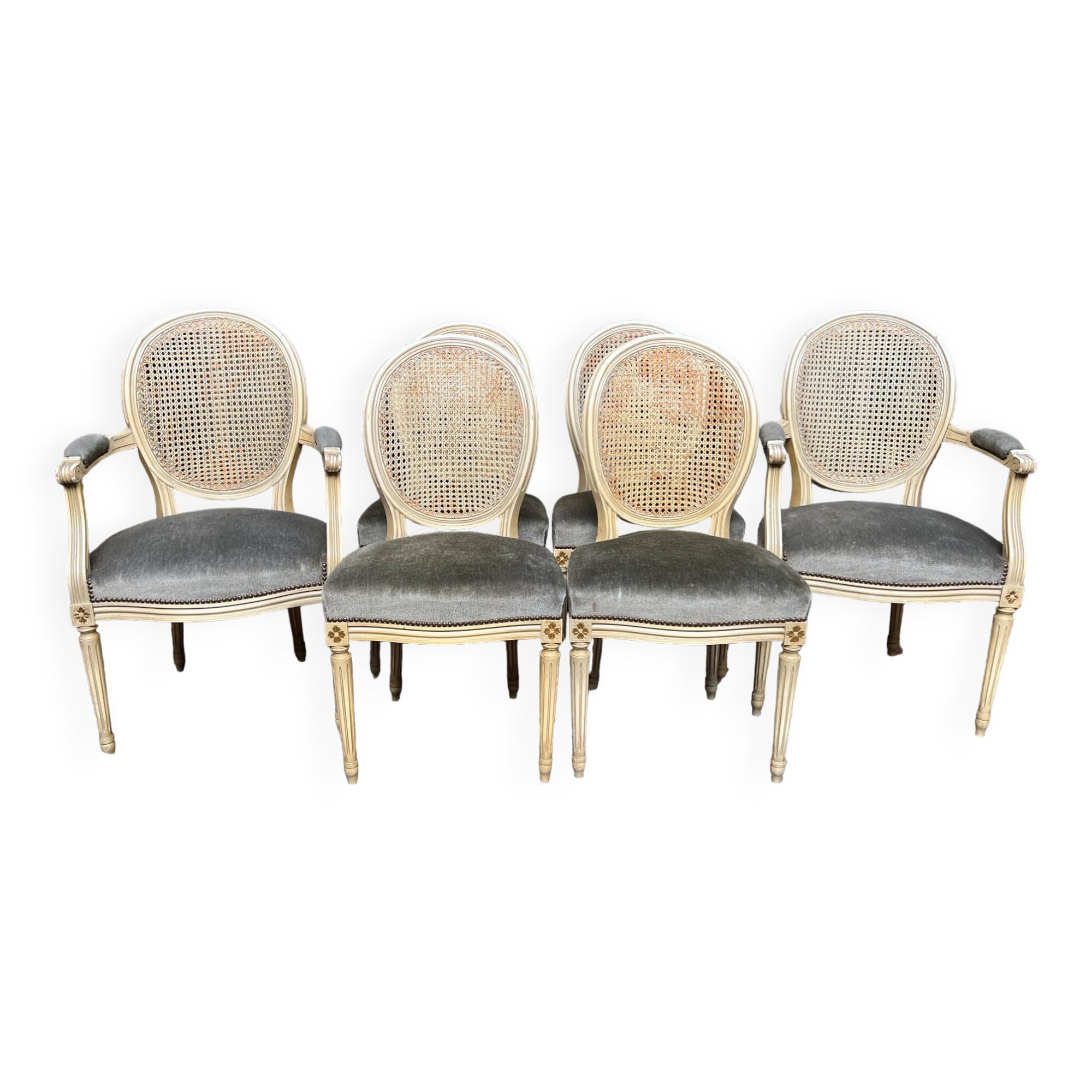 Set of four Louis XVI style chairs and two armchairs.