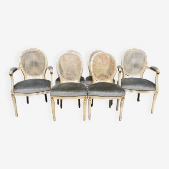 Set of four chairs and two Louis XVI style armchairs.