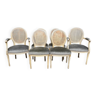 Set of four chairs and two Louis XVI style armchairs.