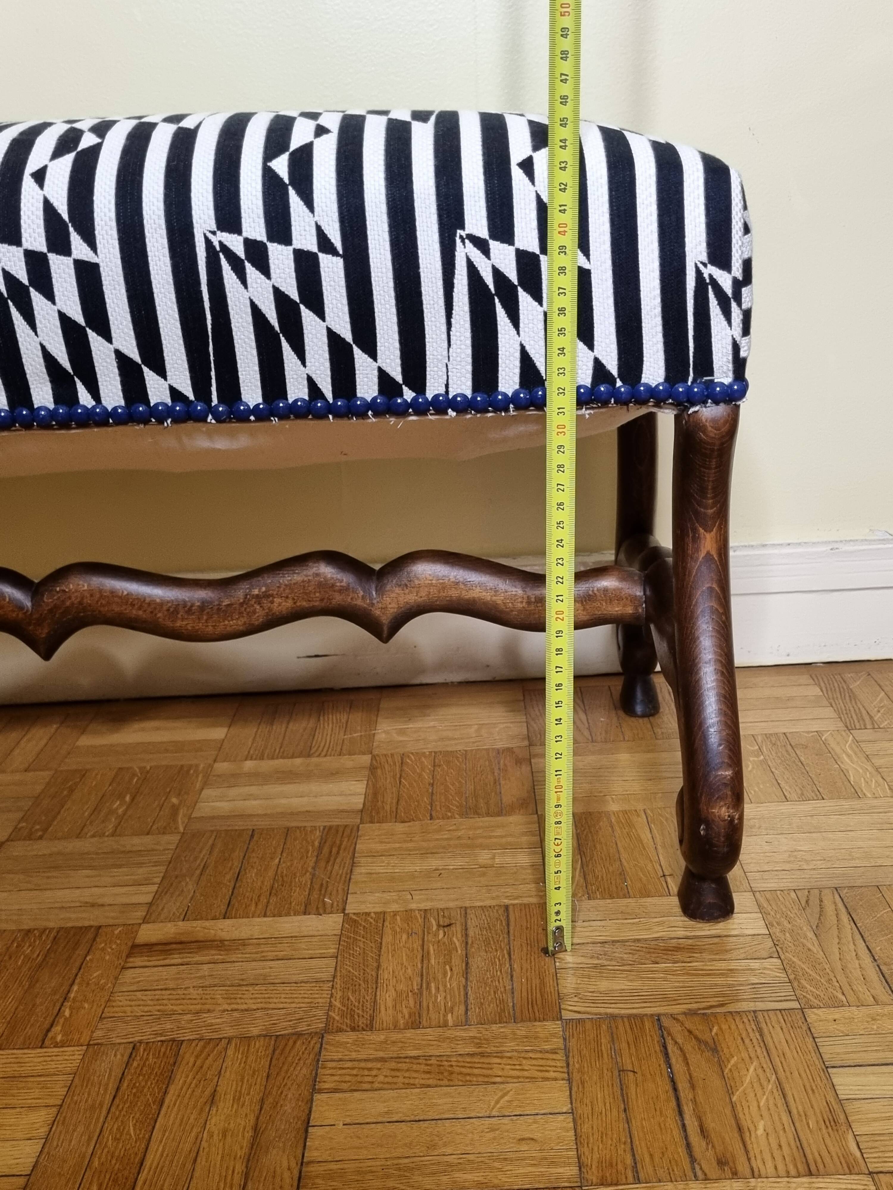 Vintage reupholstered solid wood footboard bench, kirkbydesign publisher fabric, 88 cm