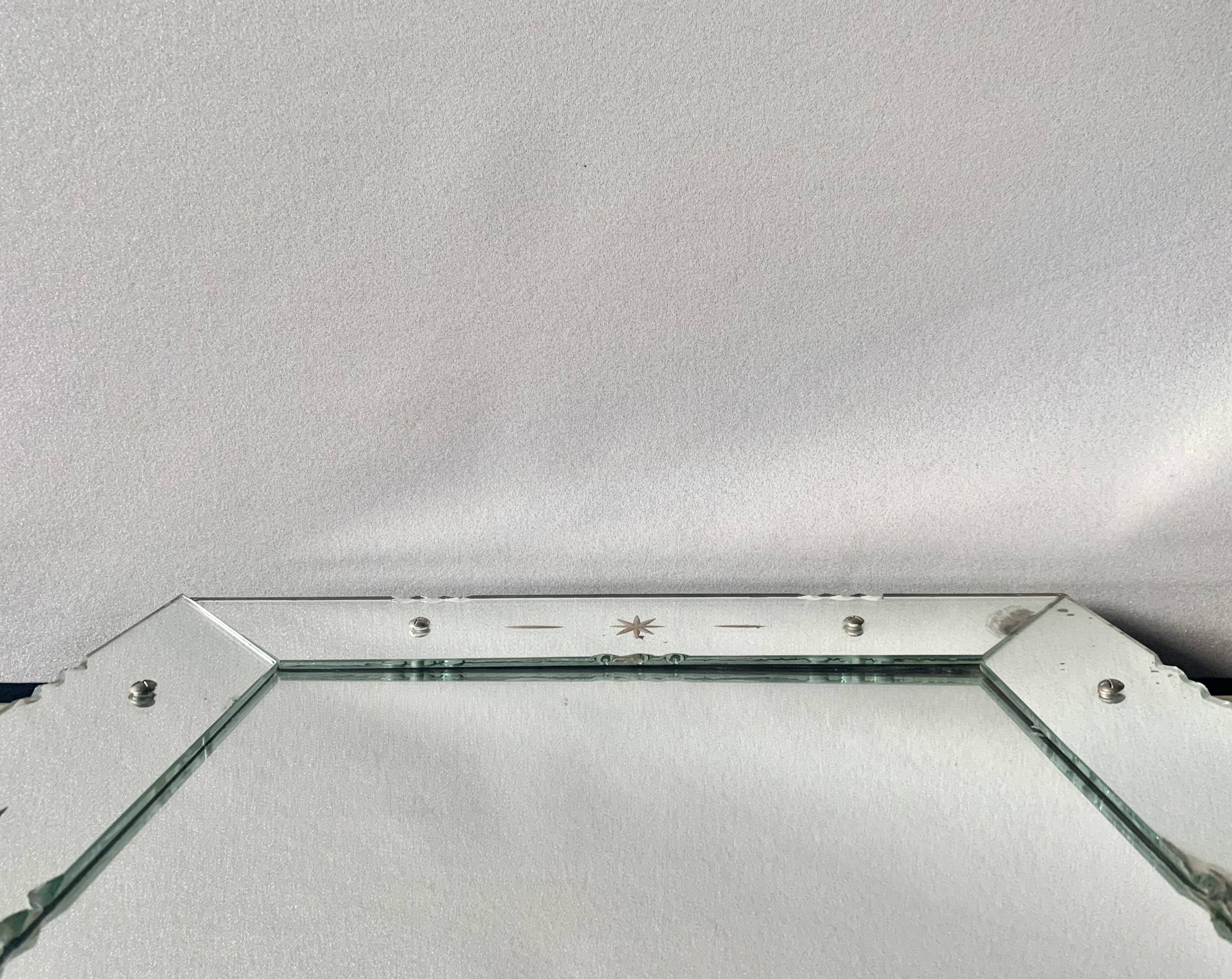 Rectangular Art Deco wall mirror inlaid and chiseled on wood