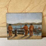 Small painting on masonite representing sailors