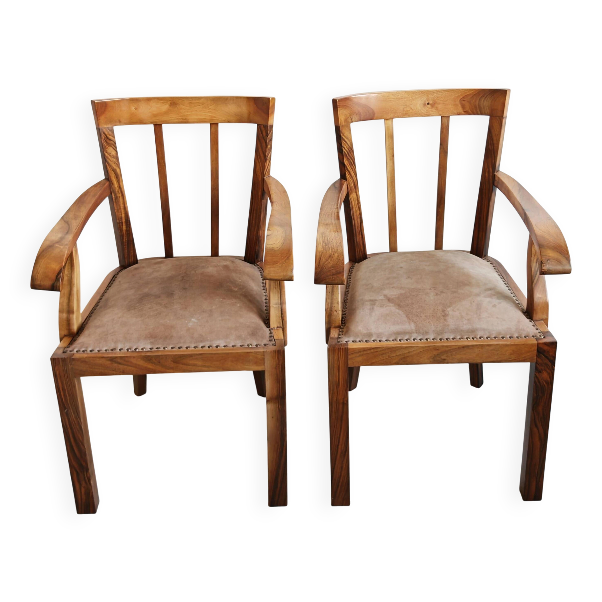 Pair of Art Deco armchairs in solid walnut and leather, 1920s