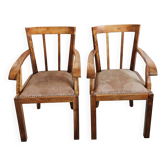 Paire de fauteuils Art déco en noyer massif et cuir, 1920s