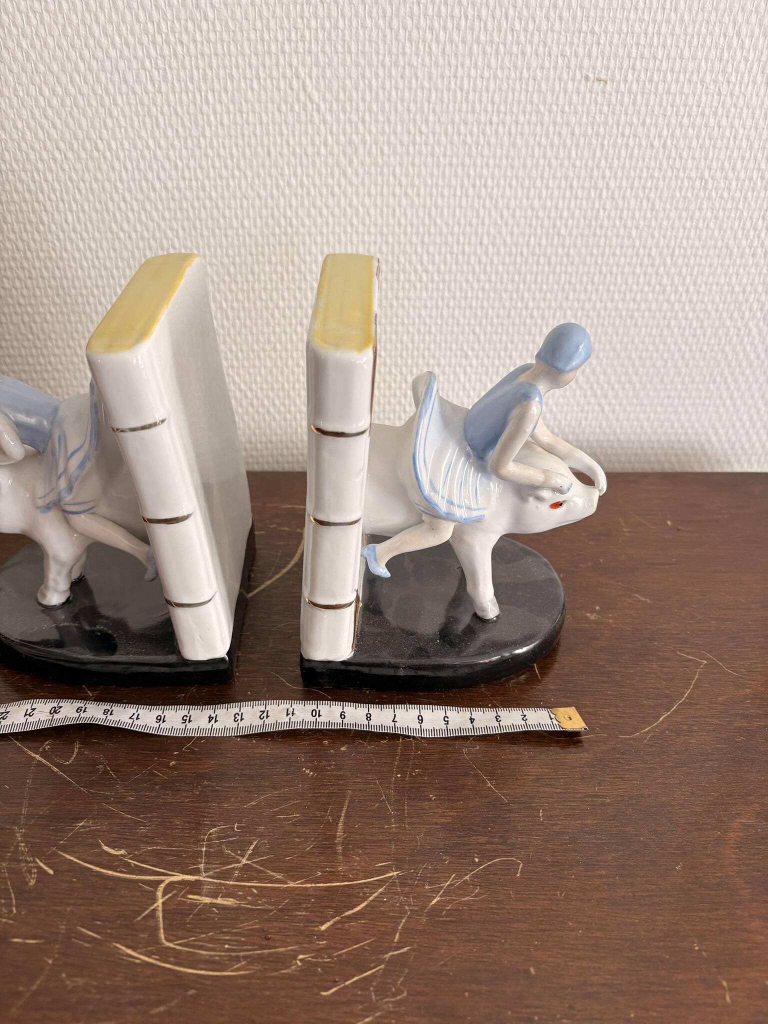 Old Pair of Bookends Porcelain White Girl Woman Equestrian Pig Art