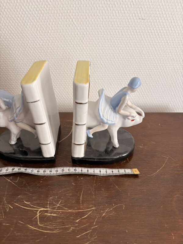 Ancien Paire Serre Livre Porcelaine Blanc Fille Femme équitation cochon Art