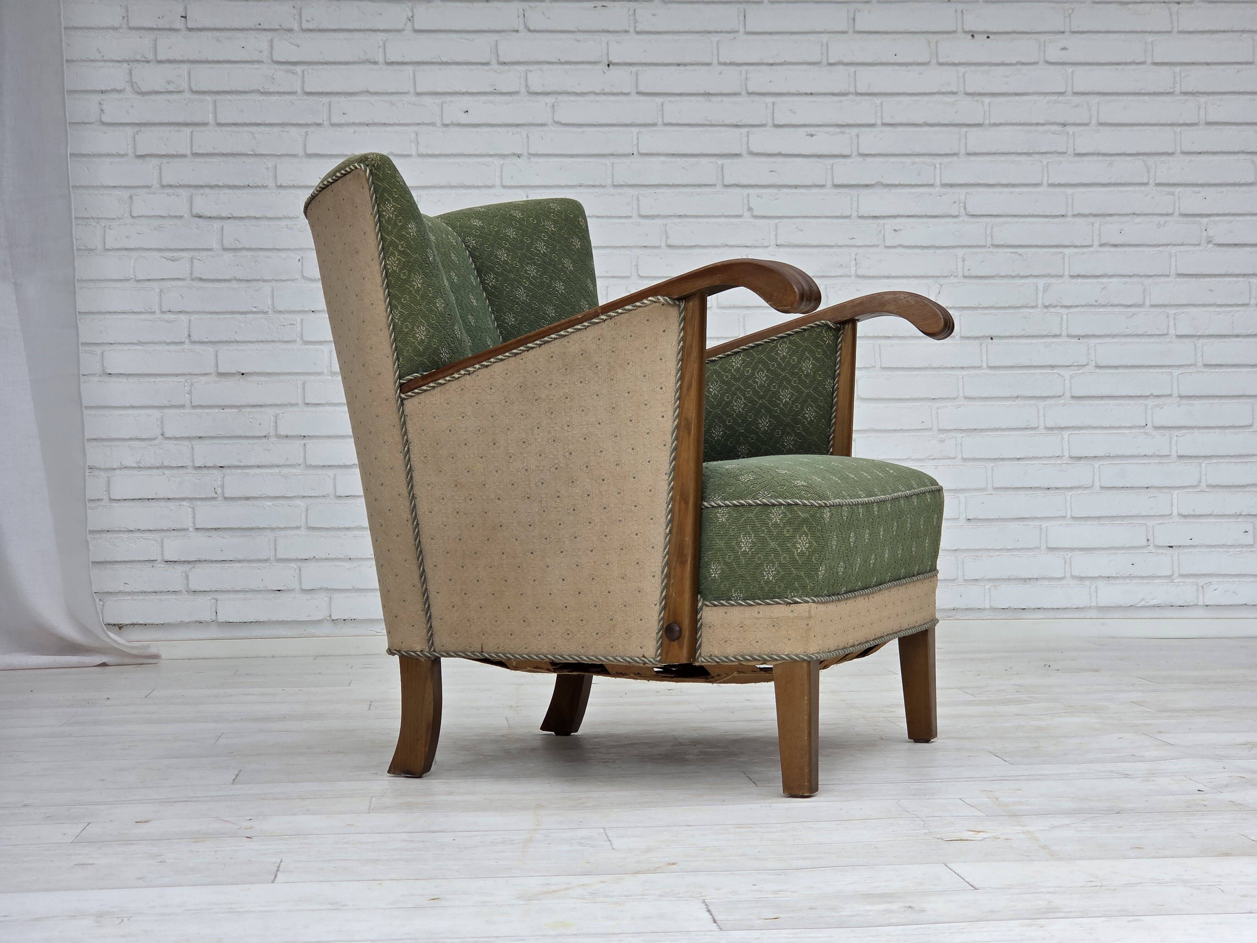 1950s, Danish armchair, original green/beige furniture wool, oak wood.