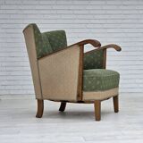 Fauteuil danois des années 1950, mobilier d'origine vert/beige en laine, bois de chêne.