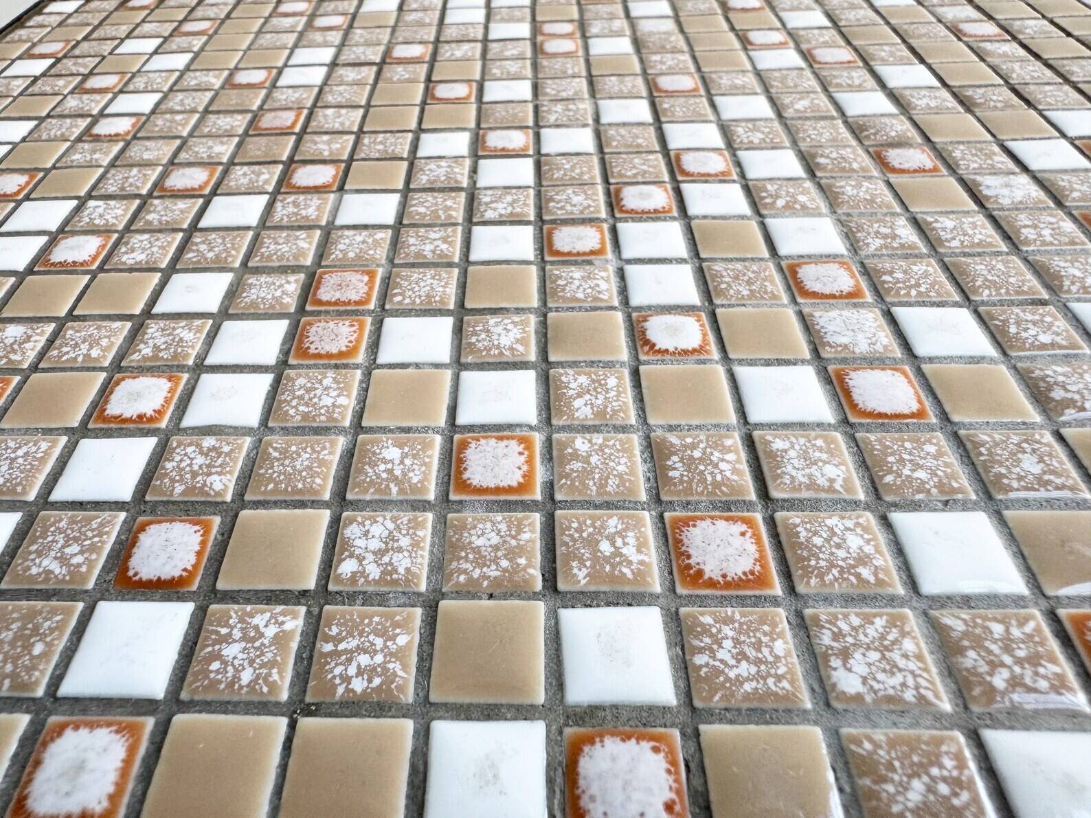 Vintage square side table with a mosaic ceramic top and hairpin legs