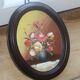 Small vintage oval painting – Raised bouquet of flowers – Retro burgundy frame