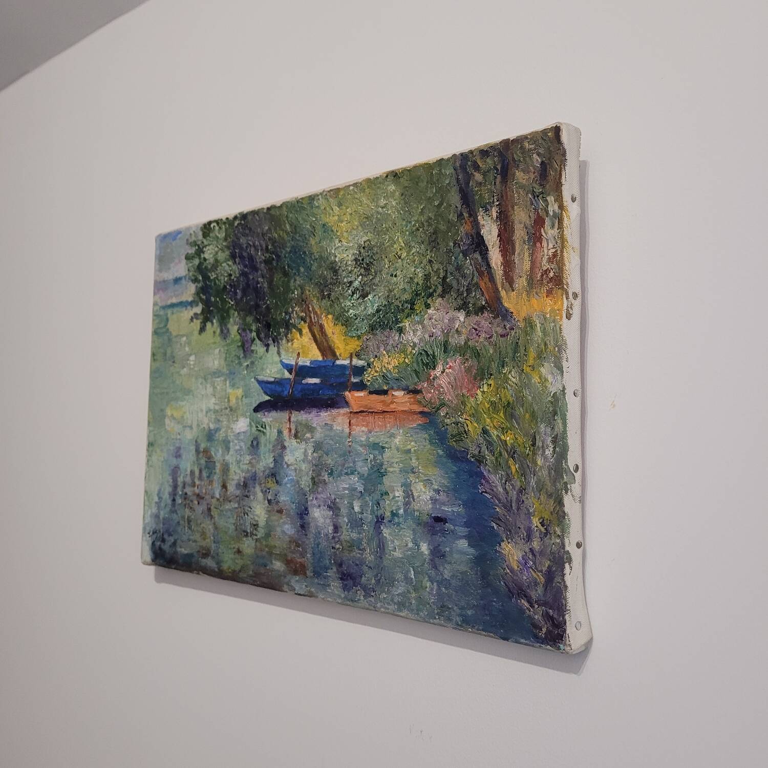 Old painting landscape boats trees 20th century