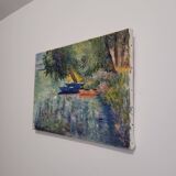 Old painting landscape boats trees 20th century